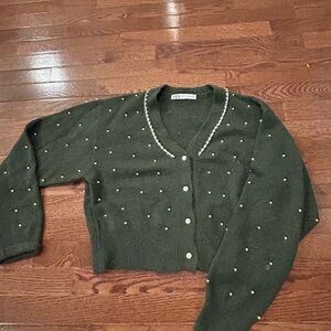 Zara Dark Green Cardigan with Pearl Details